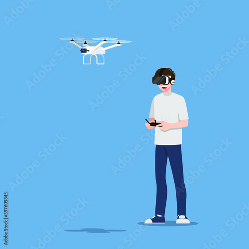 Young handsome man character wear vr glasses controlling a drone multi-copter with camera by wireless remote. The new modern technology device concept.