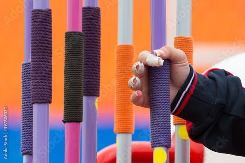 The athlete takes a projectile (spear) in javelin throw competitions. Close-up photo