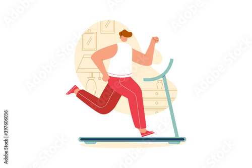 Young people running on treadmill. Exercise vector for gym, sport, fitness design.