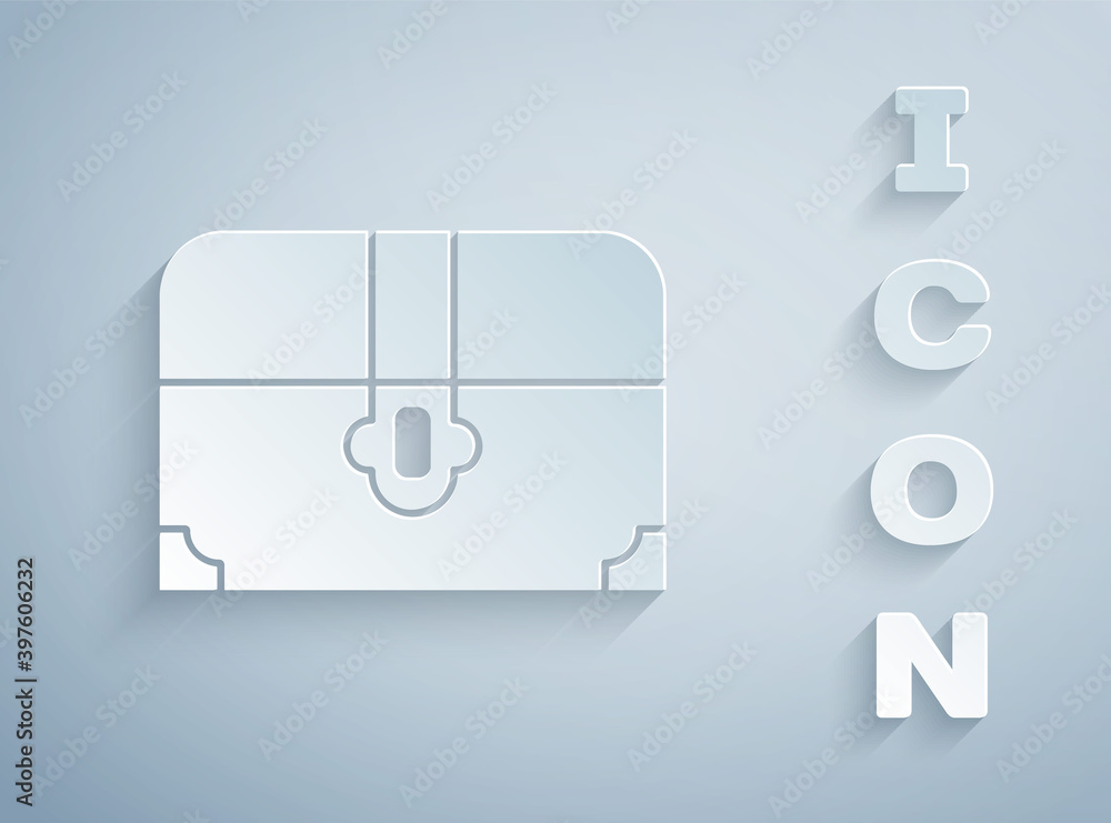 Paper cut Antique treasure chest icon isolated on grey background. Vintage wooden chest with golden coin. Paper art style. Vector. Paper cut Antique treasure chest icon isolated on grey background. Vintage wooden chest with golden coin. Paper art style. Vector.