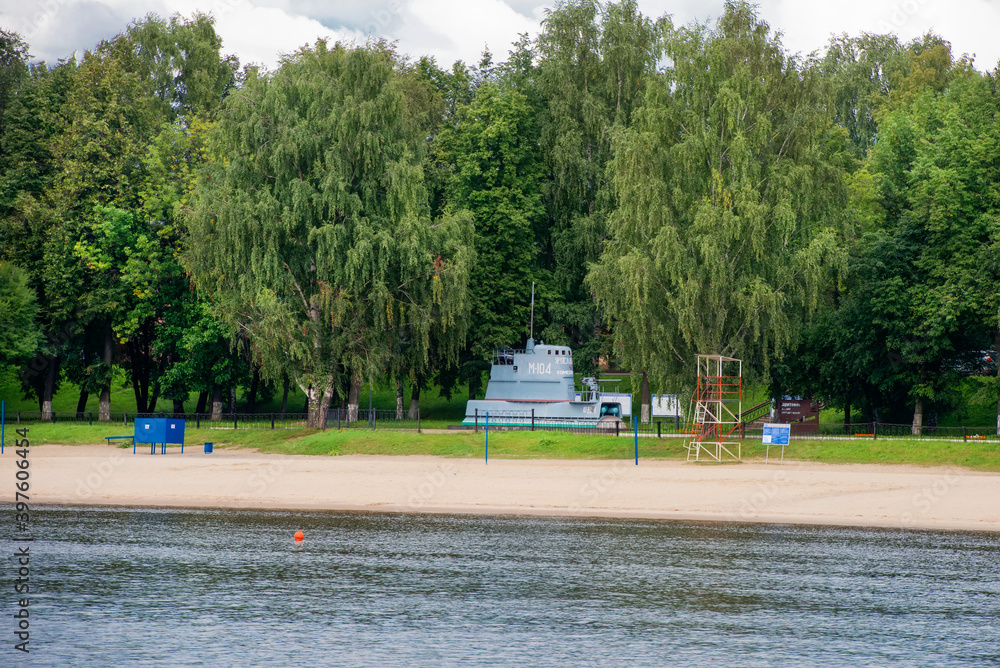 Yaroslavl, Russia - August 14, 2020: Monument to the submarine Yaroslavsky Komsomolets of the city of Yaroslavl on the banks of the Volga River