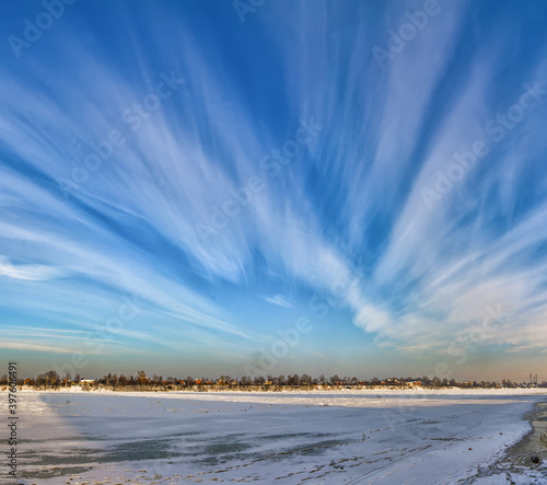 Frosty day on the banks of the Neva with a beautiful sky.