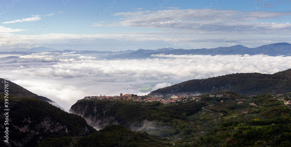 castello matese old village above the clouds with fog