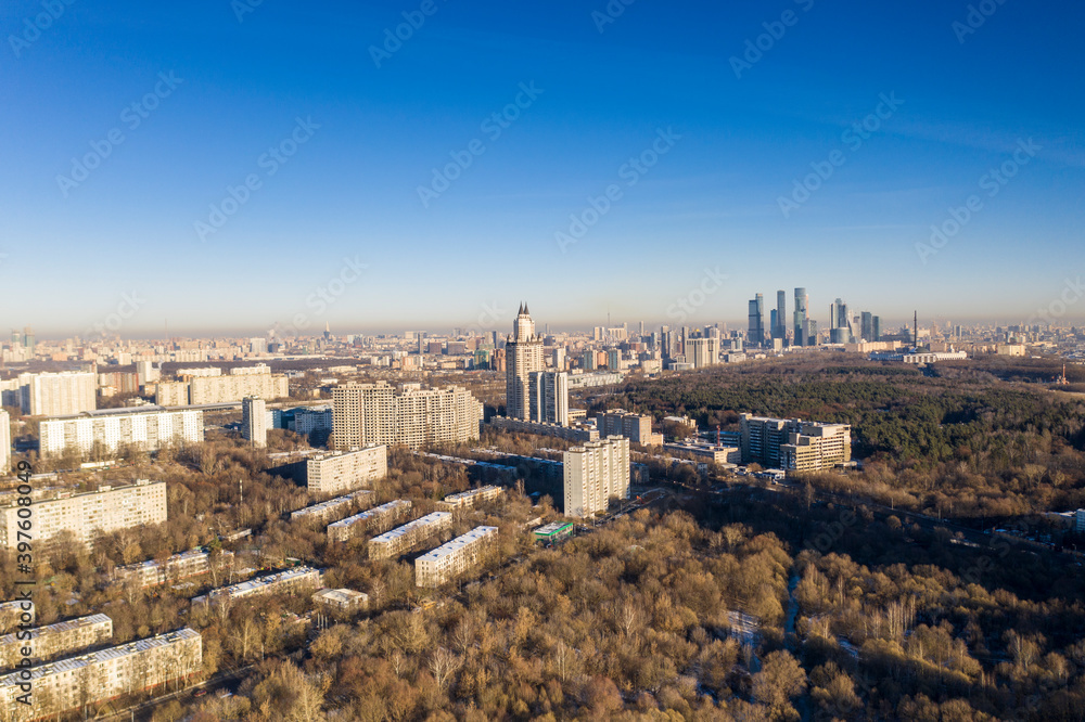 panoramic view of cityscape from drone on frosty sunny day