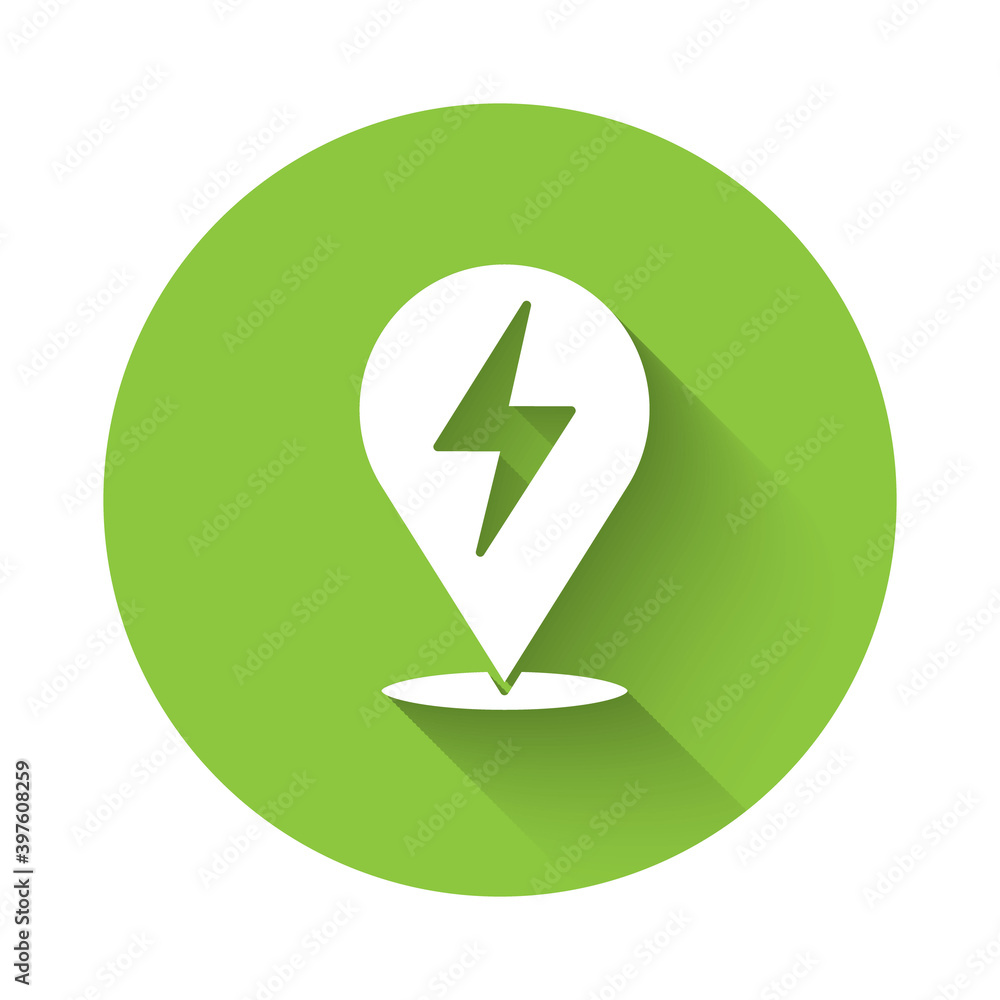 White Lightning bolt icon isolated with long shadow. Flash icon. Charge flash icon. Thunder bolt. Lighting strike. Green circle button. Vector. White Lightning bolt icon isolated with long shadow. Flash icon. Charge flash icon. Thunder bolt. Lighting strike. Green circle button. Vector.