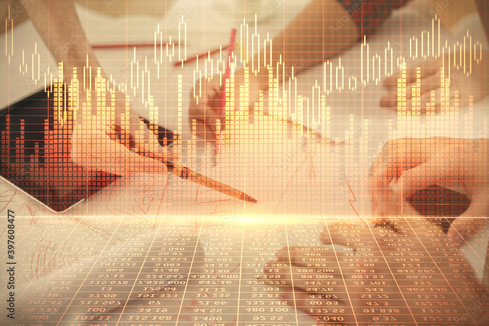 Double exposure of forex graph drawing and man and woman working together holding and using a mobile device. Trade concept. Double exposure of forex graph drawing and man and woman working together holding and using a mobile device. Trade concept.