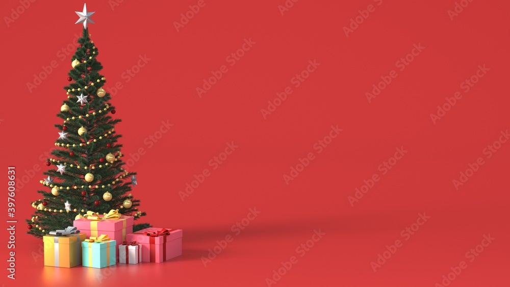Big beautiful christmas tree with presents,red and many different presents. 3d isolated render on red background with a lot of copy space for text Big beautiful christmas tree with presents,red and many different presents. 3d isolated render on red background with a lot of copy space for text