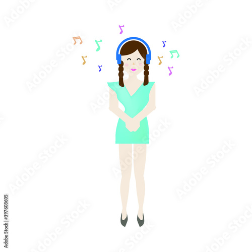 Vector illustration A woman in a blue dress listening to music, resting on vacation.
