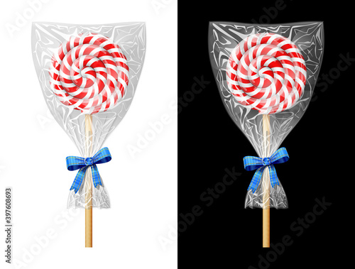 Round candy on stick in plastic wrapper with bow. Festive wrapped lollipop isolated on white and black background. Vector image for christmas, sweet food, new years day, holiday, dessert, etc
