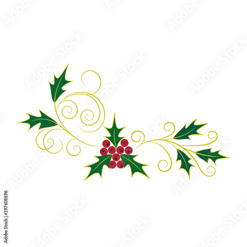 Holly with leaves, berries and curls, Christmas decoration. Graceful floral ornament, green, yellow, red colors. Hand-drawn vector, flat style. For New Year greeting cards, holiday interior decoration
