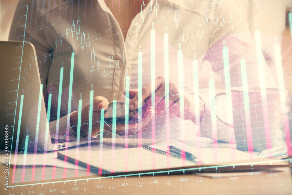 Double exposure of forex chart sketch hologram and woman holding and using a mobile device. Financial market concept. Double exposure of forex chart sketch hologram and woman holding and using a mobile device. Financial market concept.