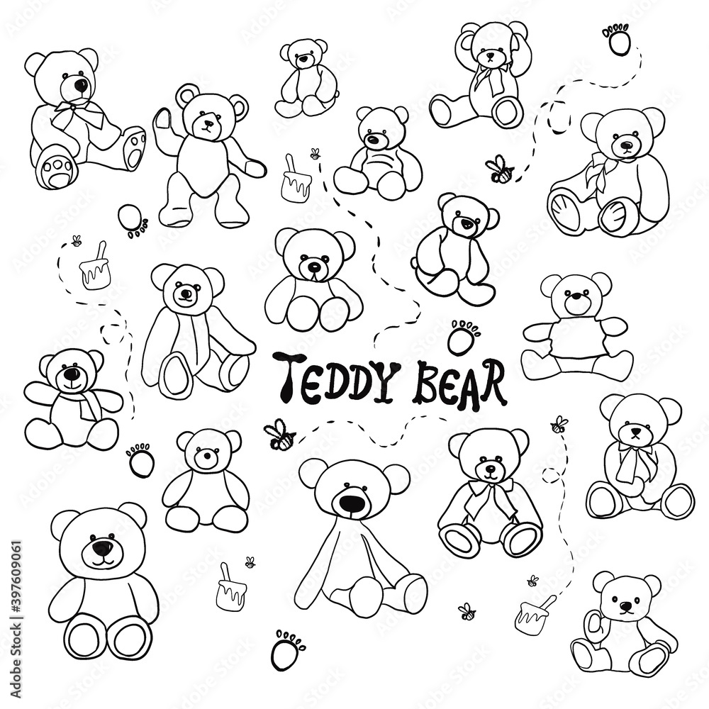 Set of Teddy bears illustration with honey, bees, footprints by black outline on a white background Set of Teddy bears illustration with honey, bees, footprints by black outline on a white background