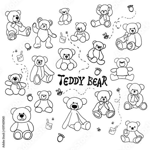 Set of Teddy bears illustration with honey, bees, footprints by black outline on a white background