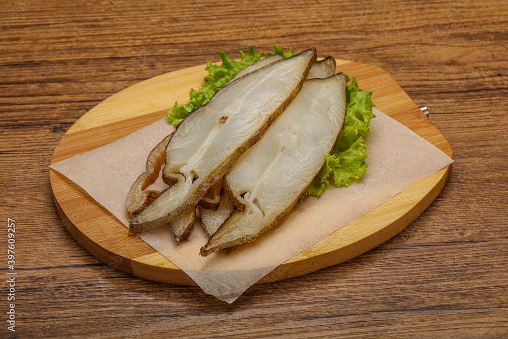 Delicous smoked halibut slices snack Delicous smoked halibut slices snack