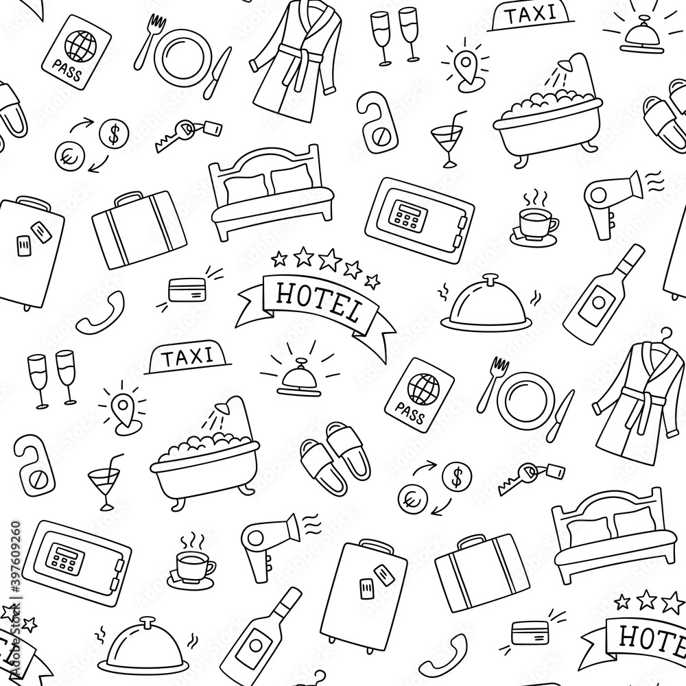 Naklejka premium Hotel services hand drawn pattern. Bed, bath, safe, breakfast, bathrobe and other objects. Vector illustration in doodle style on white background