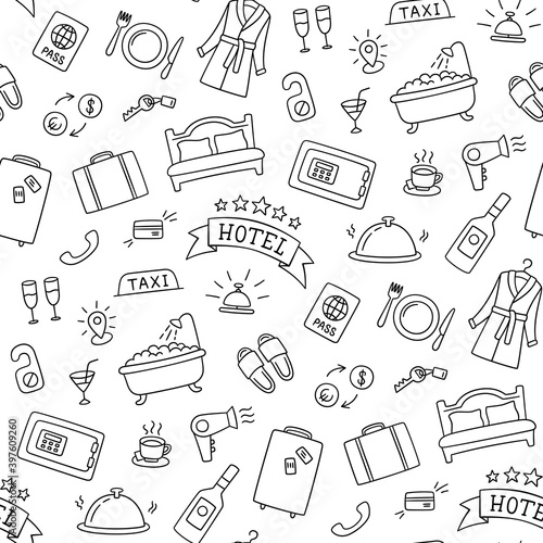Hotel services hand drawn pattern. Bed, bath, safe, breakfast, bathrobe and other objects. Vector illustration in doodle style on white background