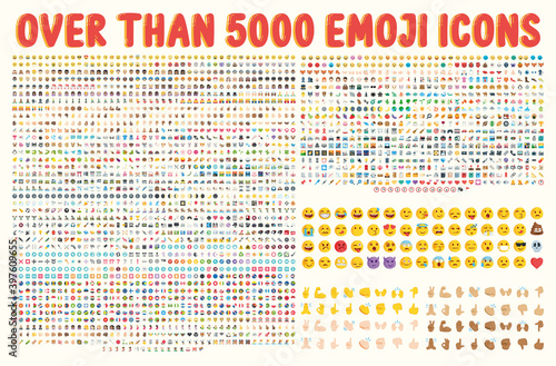 All type of emojis in one big set. Hands, gesture, people, animals, food, transport, activity, sport emoticons. Smiley big collection. Over that 5000 icons