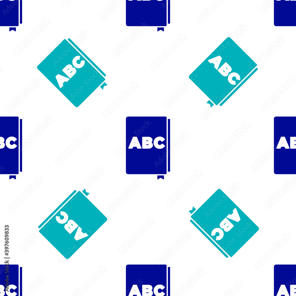 Blue ABC book icon isolated seamless pattern on white background. Dictionary book sign. Alphabet book icon. Vector. Blue ABC book icon isolated seamless pattern on white background. Dictionary book sign. Alphabet book icon. Vector.