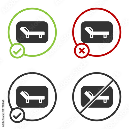 Black Sunbed icon isolated on white background. Sun lounger. Circle button. Vector.