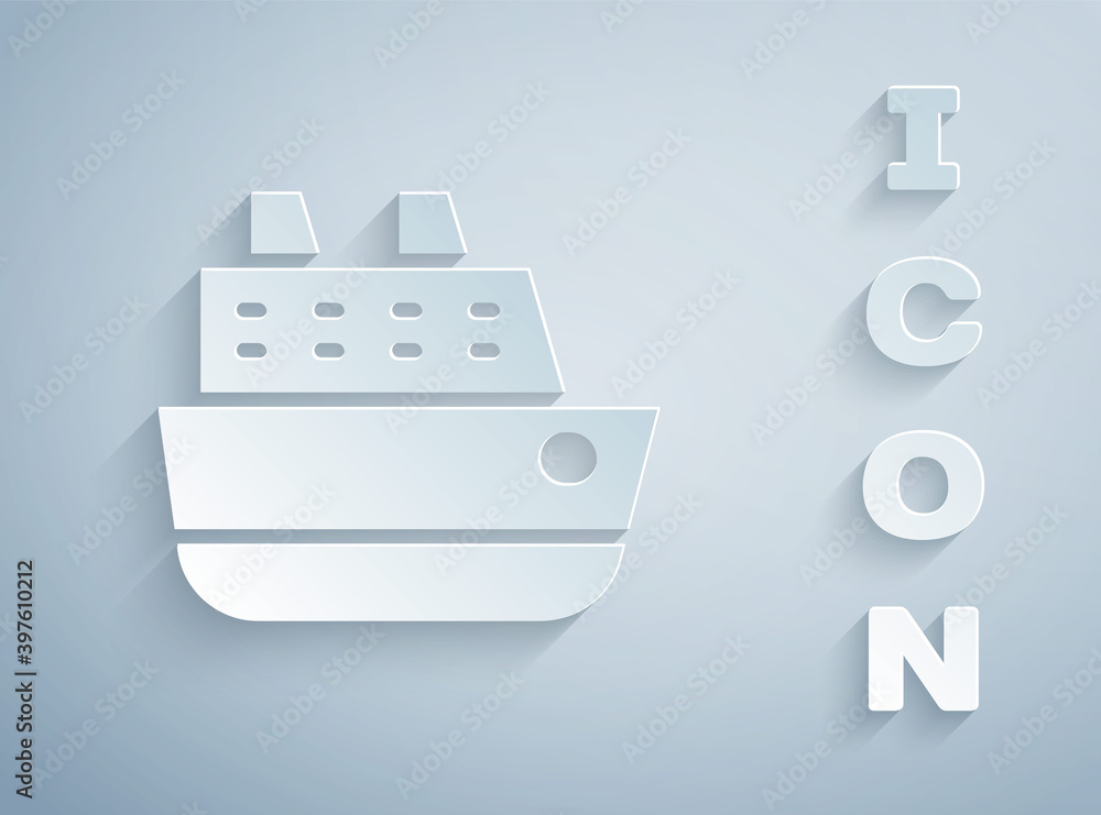 Paper cut Cruise ship icon isolated on grey background. Travel tourism nautical transport. Voyage passenger ship, cruise liner. Worldwide cruise. Paper art style. Vector. Paper cut Cruise ship icon isolated on grey background. Travel tourism nautical transport. Voyage passenger ship, cruise liner. Worldwide cruise. Paper art style. Vector.