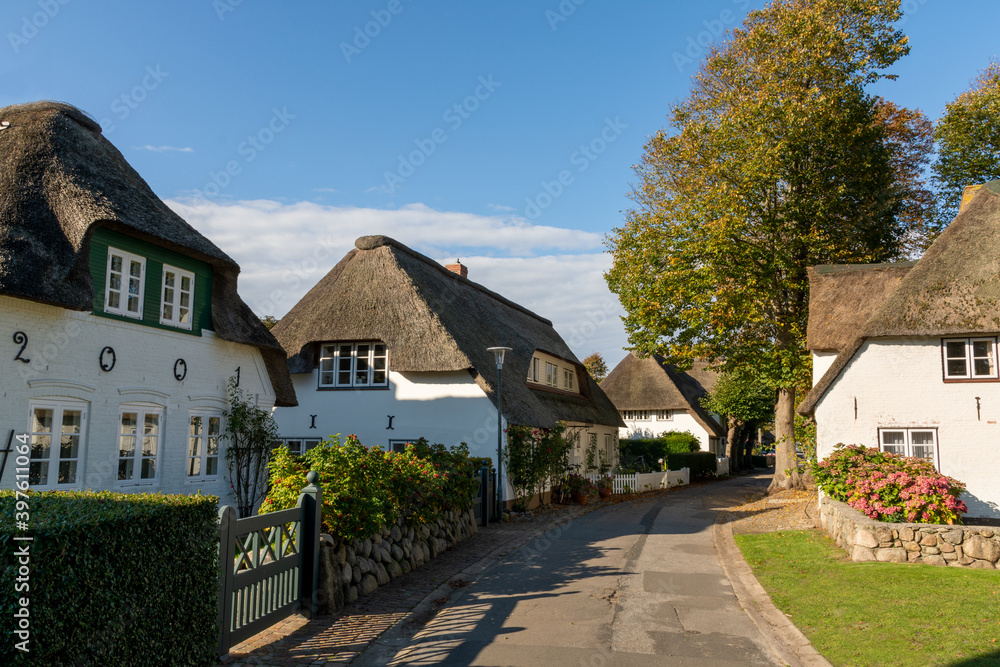 Nieblum, Germany - October 16, 2020: Thatched houses and trees in Föhr