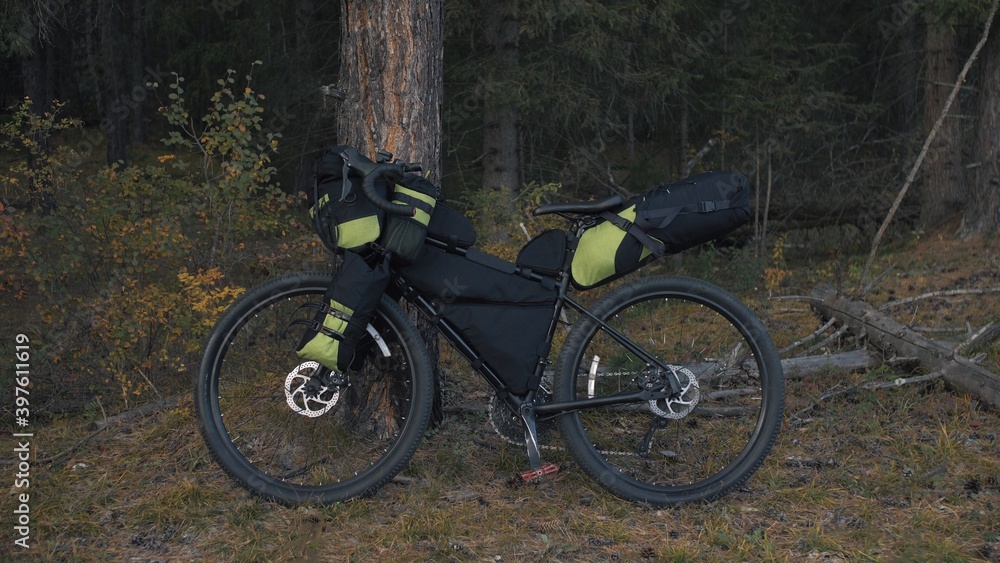 The mixed terrain cycle touring bike with bikepacking. The travel journey with light bicycle bags designed or modified for cycling. The trip on multitrack bike, outdoor road in mountain snow capped.