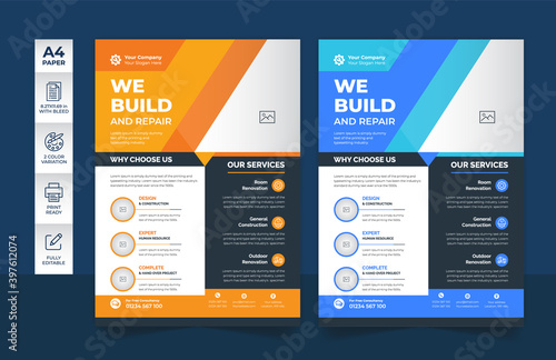 Corporate construction tools business flyer, brochure cover a4 template and flat icons for annual report design decoration for printing and presentation vector file