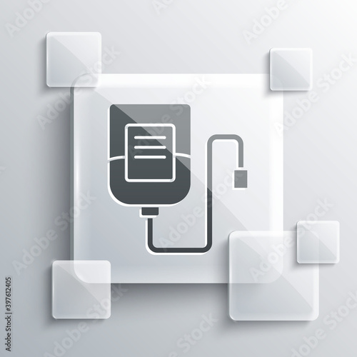Grey IV bag icon isolated on grey background. Blood bag. Donate blood concept. The concept of treatment and therapy, chemotherapy. Square glass panels. Vector.