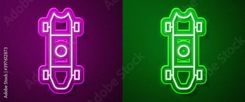 Glowing neon line Longboard or skateboard cruiser icon isolated on purple and green background. Extreme sport. Sport equipment. Vector Illustration.