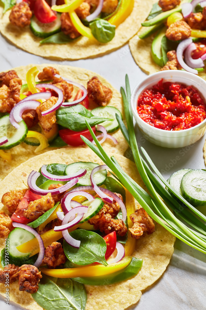 chicken street corn tacos with veggies and salsa chicken street corn tacos with veggies and salsa