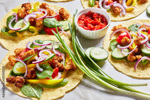 chicken street corn tacos with veggies and salsa