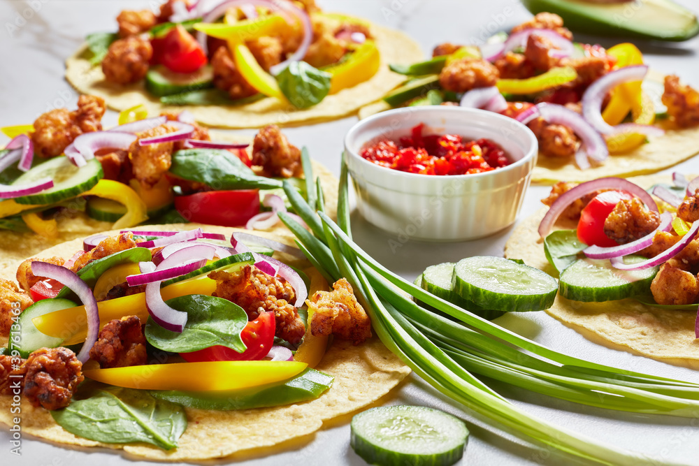 chicken street corn tacos with veggies and salsa