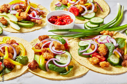 chicken street corn tacos with veggies and salsa