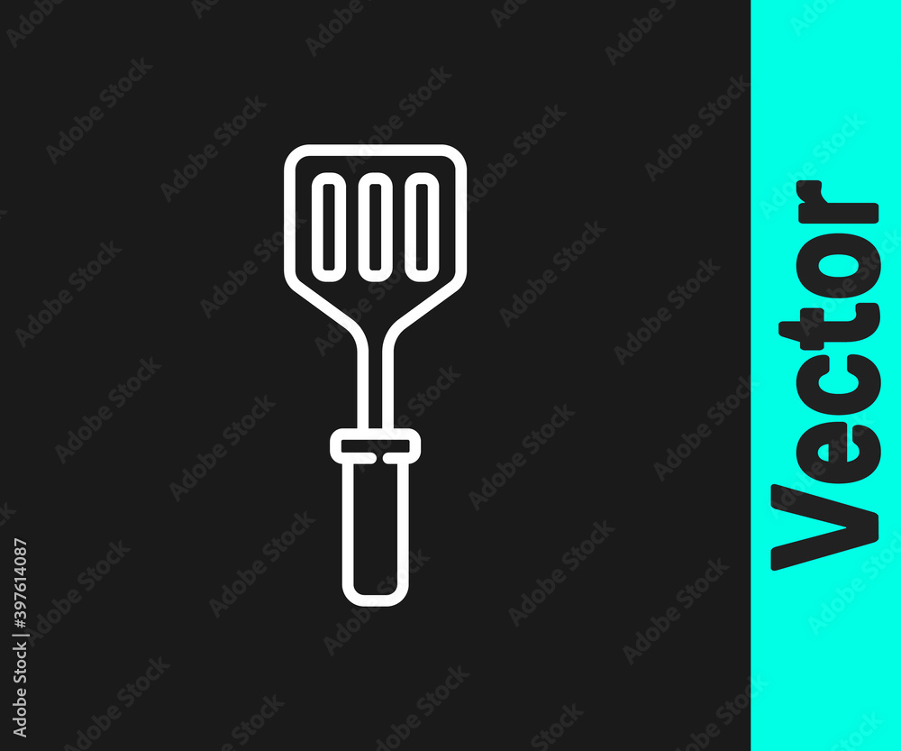 White line Spatula icon isolated on black background. Kitchen spatula icon. BBQ spatula sign. Barbecue and grill tool. Vector Illustration. White line Spatula icon isolated on black background. Kitchen spatula icon. BBQ spatula sign. Barbecue and grill tool. Vector Illustration.