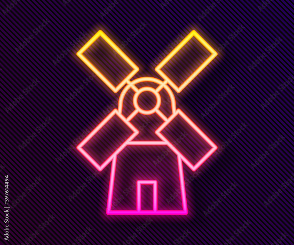 Glowing neon line Windmill icon isolated on black background. Vector. Glowing neon line Windmill icon isolated on black background. Vector.