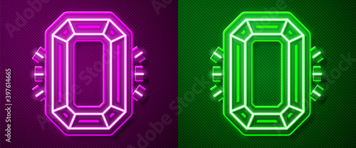 Glowing neon line Diamond icon isolated on purple and green background. Jewelry symbol. Gem stone. Vector.