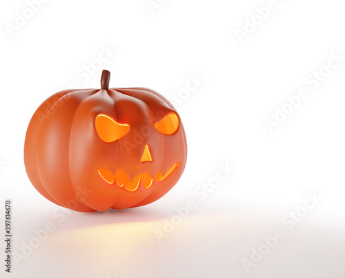 Halooween Pumpkin with light glowing Isolated is on white background and light reflectiong on the floor with clipping path Halloween decoration 3D rendering photo