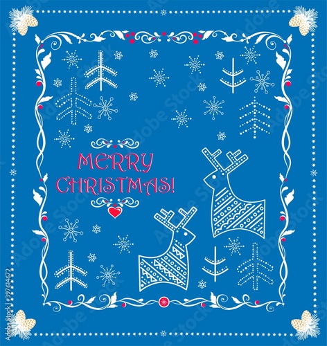Christmas greeting card with traditional Siberian retro pattern with reindeer, trees and snowflakes silhouettes