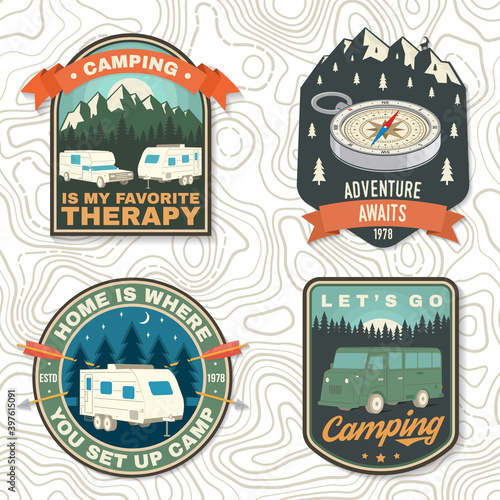 Set of rv camping badges, patches. Vector. Concept for shirt or logo, print, stamp or tee. Vintage typography design with RV Motorhome, camping trailer and off-road car silhouette.