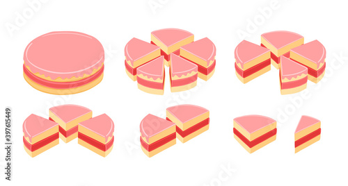 Pieces of pink cake infographic set. The whole cake and its parts. Red cream. Isometric view vector illustration.