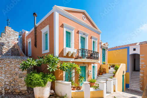 Colorful street view of Symi Island in Greece