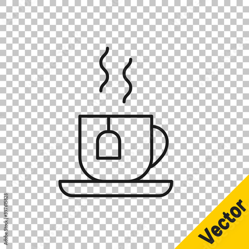 Black line Cup of tea with tea bag icon isolated on transparent background. Vector.