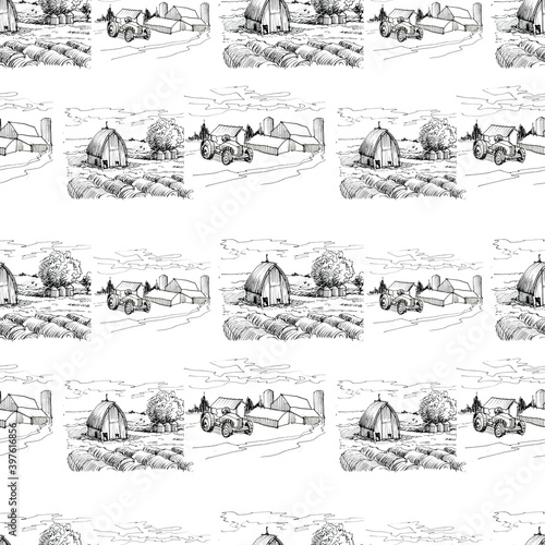 Farm, houses, buildings. Seamless pattern. Graphic hand-drawn illustration. Engraving, sketch, doodle style. Agriculture, village, harvest. print, textiles. 