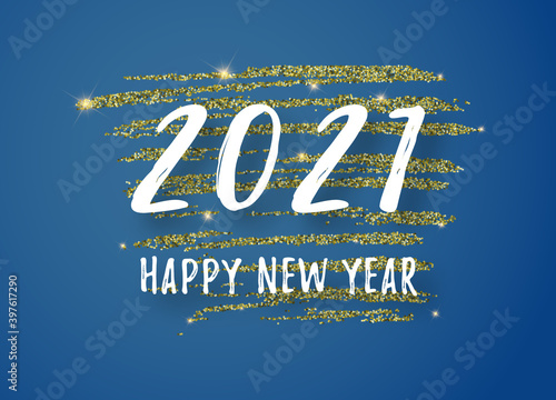Happy New Year 2021 text, vector card design. Golden glitter background. Vector illustration