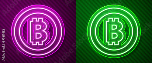 Glowing neon line Cryptocurrency coin Bitcoin icon isolated on purple and green background. Physical bit coin. Blockchain based secure crypto currency. Vector.