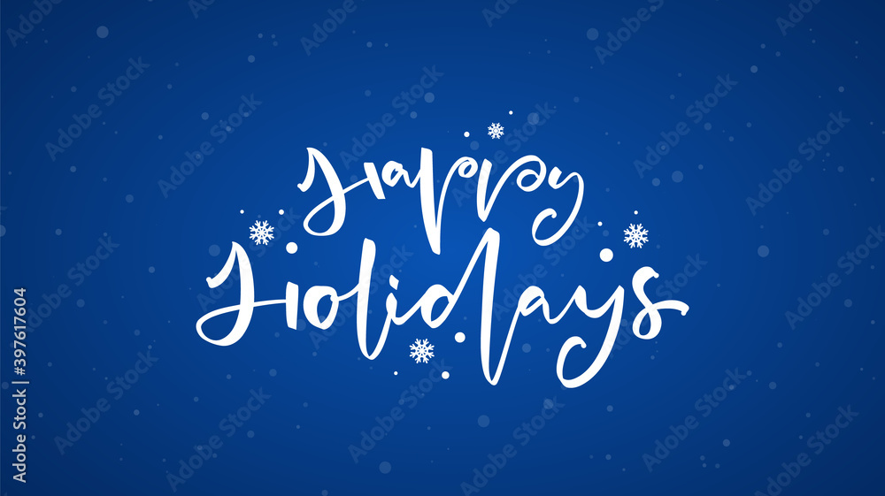 Handwritten modern brush typy lettering of Happy Holidays on blue snowflakes background.