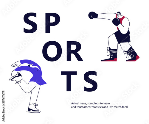 Colorful sports banner with athletes. Figure ice skating and boxing with the gloves isolated in modern outline minimalism design. Flat Art Vector Illustration