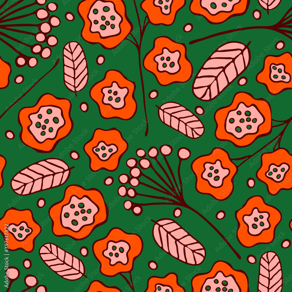 Seamless vector pattern with abstract retro style flowers on green background. Simple vintage floral wallpaper design. Decorative flower meadow fashion textile. Seamless vector pattern with abstract retro style flowers on green background. Simple vintage floral wallpaper design. Decorative flower meadow fashion textile.