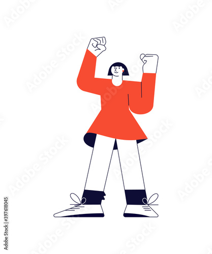 Confident strong caucasian woman raised her hand with fist. We Can Do and girl power. Vector Illustration isolated on white