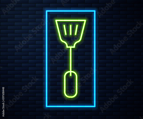 Glowing neon line Fly swatter icon isolated on brick wall background. Vector.